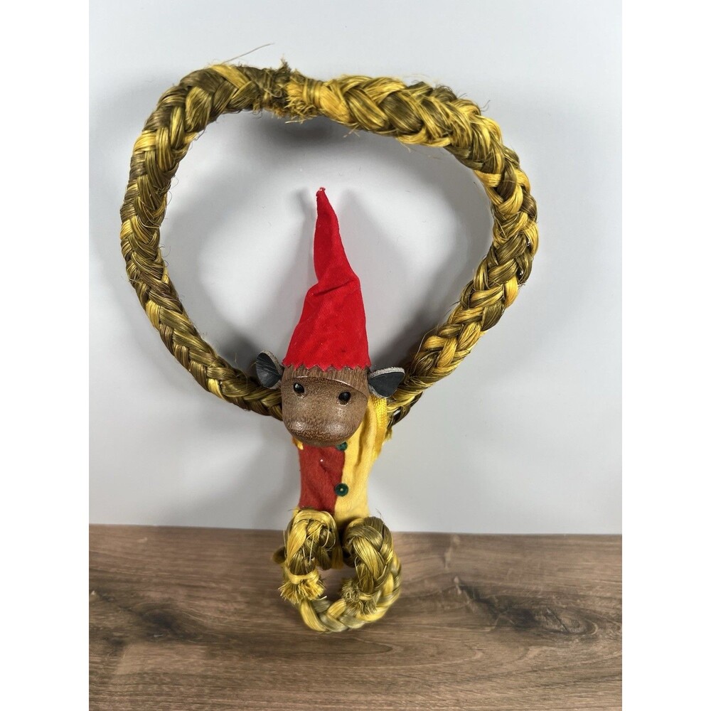 VTG Enesco Hanging Monkey Carved Wood Face Braided Hemp Rope NCM